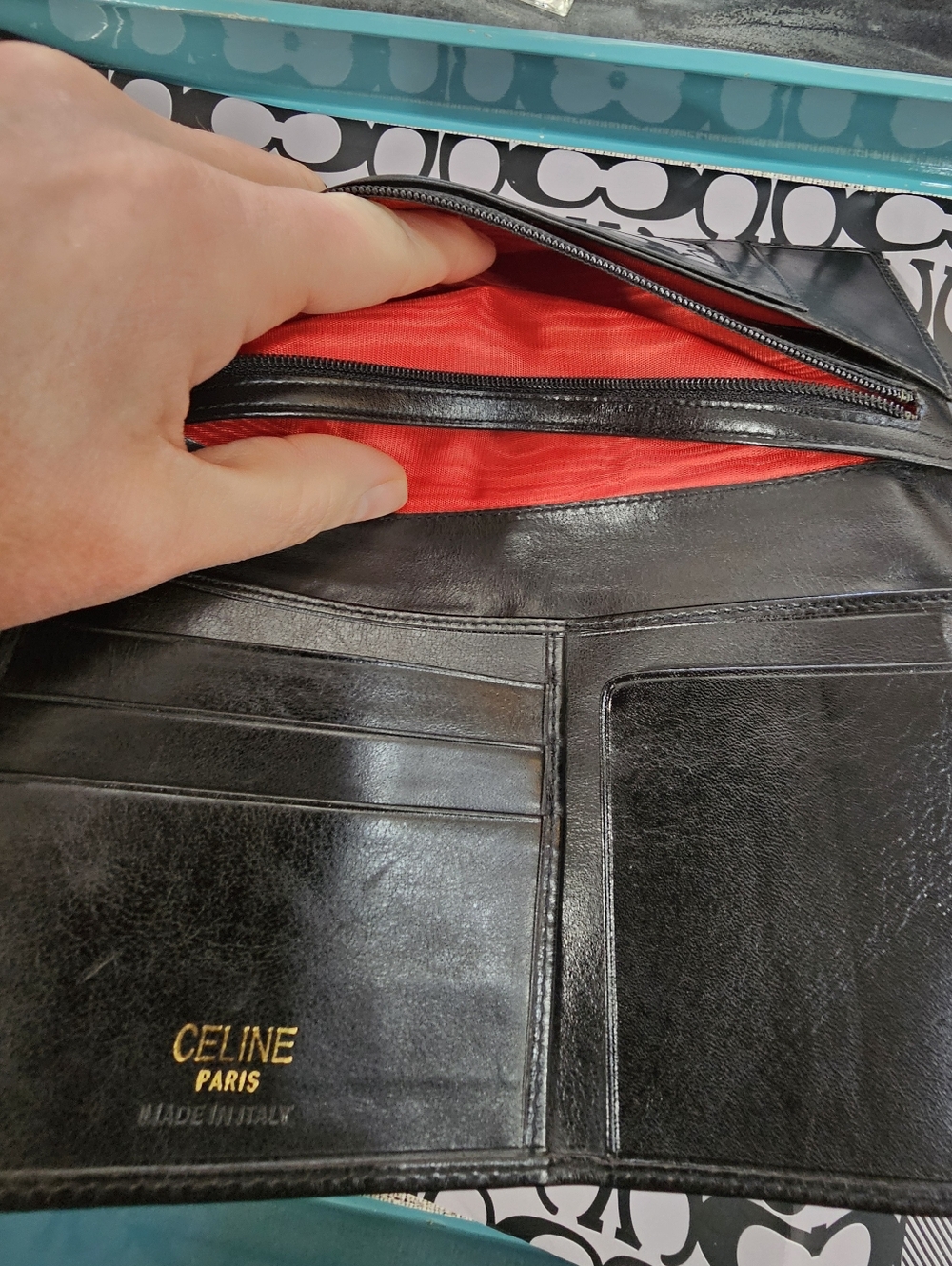 Vintage Celine Paris Black Leather Long Bifold Wallet with RED LINING 😍 - Picture 5 of 12
